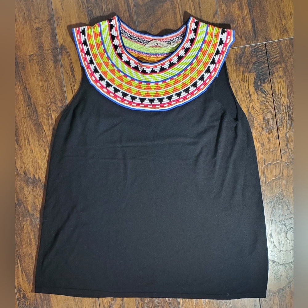 Soft Surroundings Womens XL Carnival Top Black Knit Sleeveless Embroidered neck
